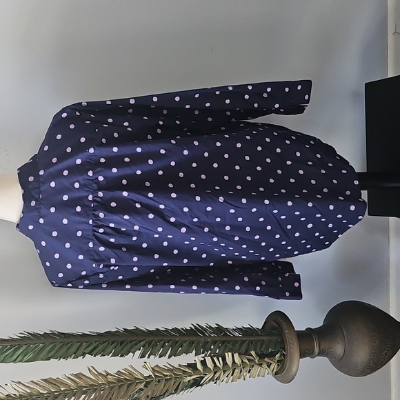 Roaman's Navy and Lavendar Polka Dot Button Down Blouse - Picture 2 of 13